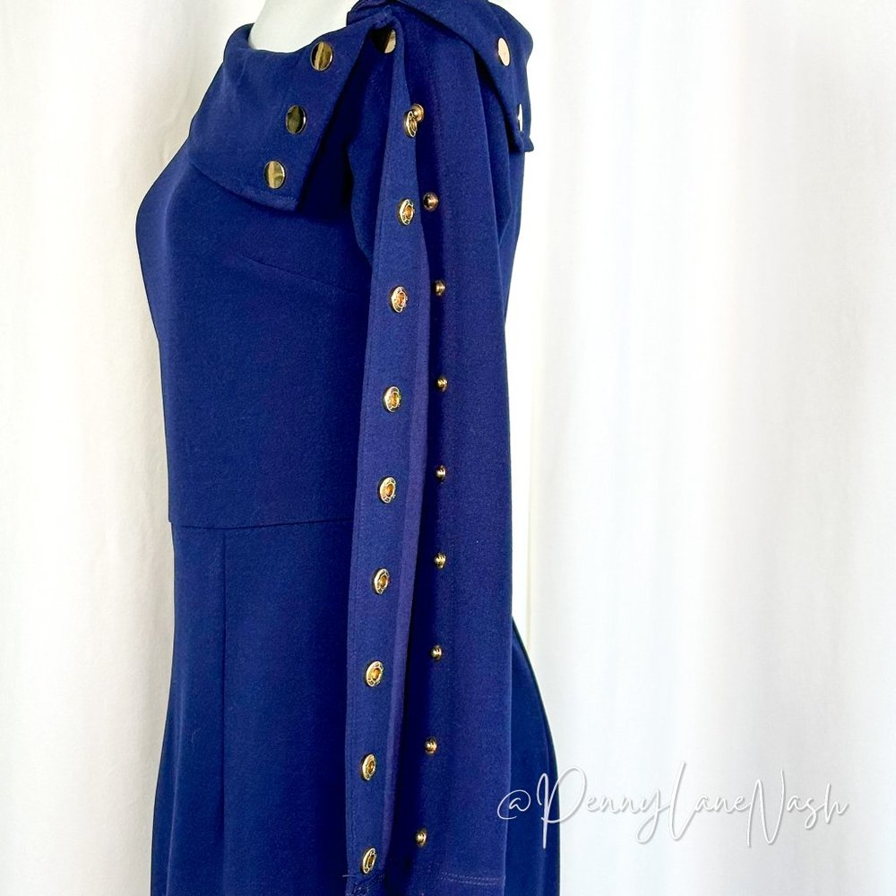 NWT Lumier by Bariano Asymmetric Gold Button Cocktail Dress Navy - Picture 12 of 12